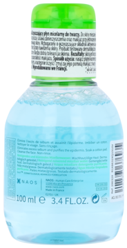 Płyn micelarny Bioderma Sébium H2O, tył przezroczystej butelki z polskim opisem i zieloną zakrętką, 100 ml.