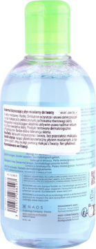 Tył niebieskiej butelki Bioderma Sébium H2O Płyn Micelarny z zieloną nakrętką, dla cery tłustej, polska etykieta.