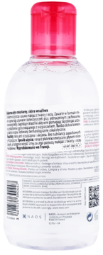 Tył butelki Bioderma Sensibio H2O, woda micelarna dla skóry wrażliwej, z widocznym tekstem i kodem QR.