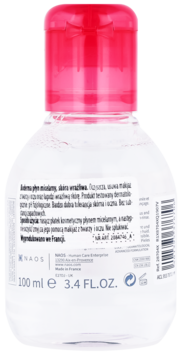 Tył butelki Bioderma Sensibio H2O 100ml dla skóry wrażliwej, różowa nakrętka, biała etykieta.