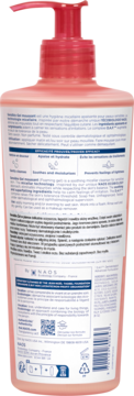 Tył różowej butelki Bioderma Sensibio Gel Moussant, łagodzącego żelu do twarzy, z czerwoną pompką i opisem.