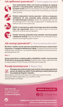 Tył opakowania sztucznych paznokci KillyS z instrukcją aplikacji, usuwania i logo marki.