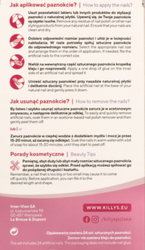 Instrukcja aplikacji i usuwania sztucznych paznokci KillyS Babyboomer, z grafikami i tekstem po polsku i angielsku.