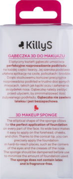 KillyS Gąbeczka 3D do makijażu, tył opakowania z polskim i angielskim opisem, lateks-free, bezzapachowa.