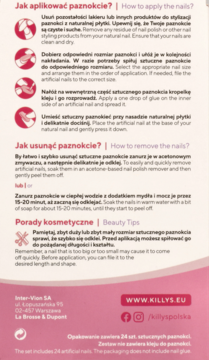 Tył opakowania sztucznych paznokci KillyS, instrukcje aplikacji i usuwania po polsku i angielsku.