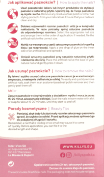 Tył białego opakowania sztucznych paznokci KillyS z instrukcjami aplikacji i usunięcia, adres firmy, brak kleju.