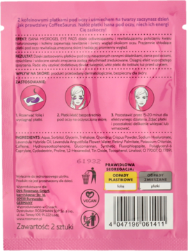 Tył różowego opakowania hydrożelowych płatków Isana z kofeiną i kwasem hialuronowym. Widoczne składniki.