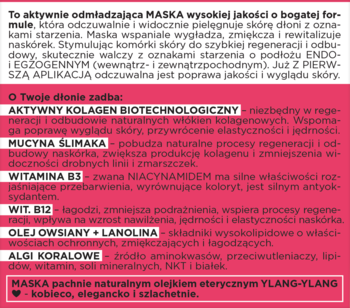 Czerwone tło z białym tekstem informującym o odmładzającej masce do dłoni z kolagenem i mucyną ślimaka.