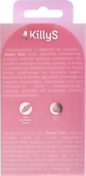 Tył różowego opakowania gąbeczek do makijażu KillyS Sweet Kiss, z opisem i ikonami: miękka pianka, bez lateksu.