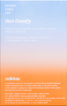 Adidas Vibes Get Comfy EDP, kojąca woda perfumowana, opakowanie z gradientem błękitu i pomarańczu.