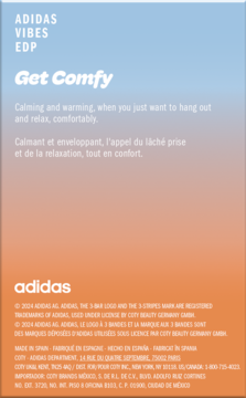 Adidas Vibes Get Comfy EDP fragrance ad on blue-orange gradient background, with large 'Get Comfy' text.