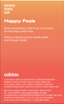 Karta produktu Adidas Vibes EDP Happy Feels, pomarańczowy gradient, z logo i hasłem "Happy Feels".