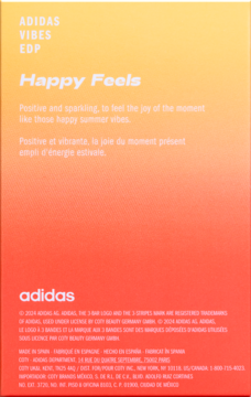 Tył opakowania perfum Adidas Vibes Happy Feels w pomarańczowo-czerwonym gradiencie, z tekstem i logo.
