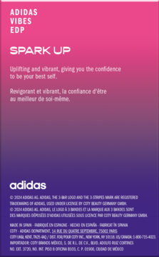 Kartonik perfum Adidas Vibes Spark Up EDP w gradientowych kolorach różu i fioletu, z białymi napisami.