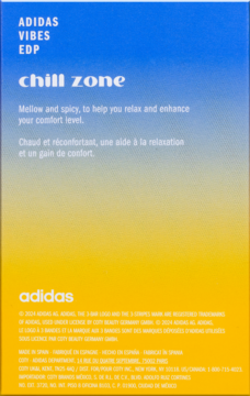 Tył pudełka perfum Adidas Vibes Chill Zone EDP w niebiesko-żółtym gradiencie, z białym tekstem.