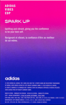 Tył opakowania wody perfumowanej Adidas Vibes EDP Spark Up, z różowo-niebieskim gradientem i hasłem.