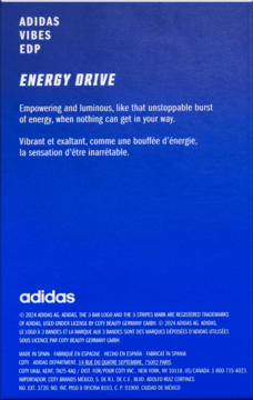 Niebieskie opakowanie perfum Adidas Vibes Energy Drive EDP z białym logo i tekstem, widok z przodu.