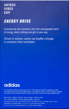 Tył ciemnoniebieskiego opakowania Adidas Vibes Energy Drive EDP z białymi opisami i logo.