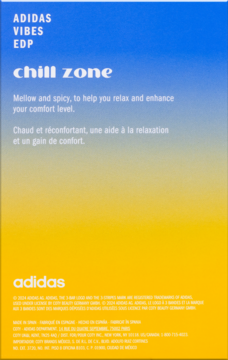 Opakowanie Adidas Vibes EDP Chill Zone, gradient niebiesko-żółty, z angielskim i francuskim opisem relaksującego zapachu.