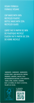 Bok flakonu adidas Vibes Full Recharge, gradientowy, z tekstem o recyklingu i wegańskiej formule.