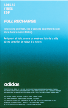 Tył opakowania Adidas Vibes EDP Full Recharge w kolorze niebiesko-zielonym z opisem zapachu.