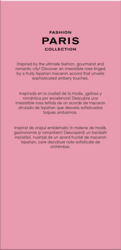 Różowy plakat z napisem FASHION PARIS COLLECTION, opisujący zapach perfum z nutami róży, bursztynu, makaronika.