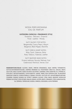 Tył opakowania Eau de Parfum z czytelnym tekstem nut zapachowych i pełną listą składników na białym tle.