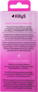 Różowy tył opakowania gąbeczki KillyS 3D Strawberry Cocktail, widoczny opis produktu po polsku i angielsku.