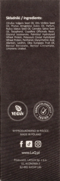 Tył opakowania olejku Laq Dzikus z Lasu: widoczne składniki, logo Vegan i Dermatologically Tested.