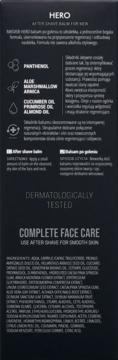 Tył czarnego opakowania balsamu Hero After Shave dla mężczyzn, z widocznym opisem składników i zastosowania.