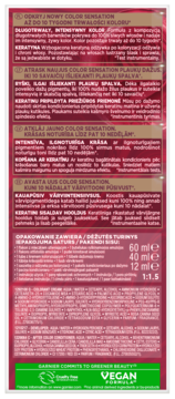 Tył kartonika Garnier Color Sensation 10.21 z opisem intensywnego koloru, keratyny i wegańskiej formuły.