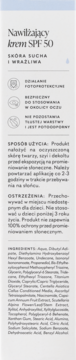 Białe opakowanie nawilżającego kremu SPF 50 do skóry suchej i wrażliwej, widok z przodu z czytelnym tekstem.