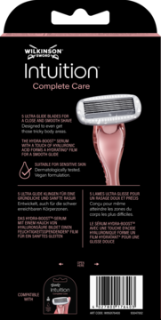 Tył opakowania Wilkinson Intuition Complete Care, 5 ostrzy do maszynki z serum, czarne.