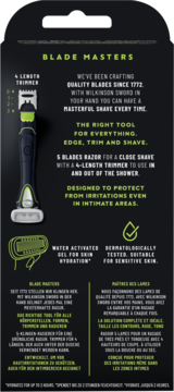 Tył czarnego opakowania Wilkinson Sword Hydro Trim & Shave, opis funkcji, golarka z 4-długościowym trymerem.