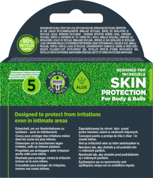 Tył opakowania wkładów Wilkinson Sword Hydro Trim & Shave, zielone, z napisem "SKIN PROTECTION" i logo 90% recyklingu.