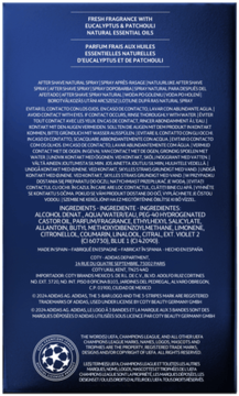 Tył ciemnoniebieskiej butelki po goleniu adidas UEFA Champions League z białym tekstem, logo i informacją o eukaliptusie.