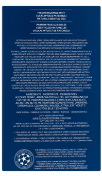 Tył opakowania wody po goleniu Adidas UEFA Champions League Goal, widoczna lista składników z eukaliptusem i paczulą.