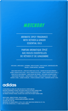 Tył niebieskiego pudełka Adidas Matchday, korzenny zapach z wetywerią i imbirem, białe napisy, logo.