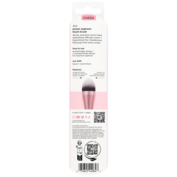Biało-różowy tył opakowania pędzla do różu Real Techniques Power Pigment Blush z opisem i zdjęciem.