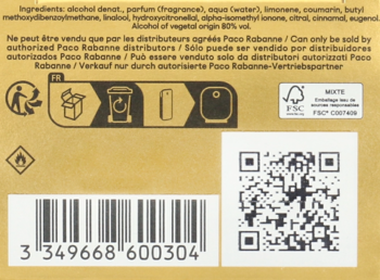 Tył złotego opakowania perfum Rabanne 1 Million Elixir, z widocznym kodem kreskowym, QR i symbolami recyklingu.