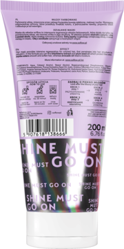 Tył lawendowej tubki maski so!flow do włosów farbowanych, z hasłem "Shine Must Go On", 200ml.