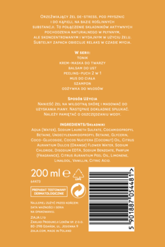 Tył pomarańczowego opakowania żelu Ziaja Kokos Pomarańcza 200ml z białym tekstem i kodem kreskowym.