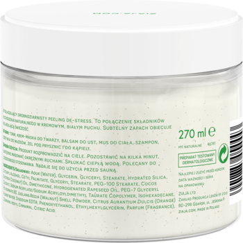 Tył słoika z białym, drobnoziarnistym peelingiem-puch kokosowym, widoczny opis i 270 ml.