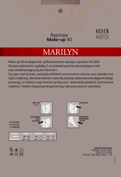 Opakowanie rajstop Marilyn Make-up 40 DEN na beżowym tle, z czerwonym logiem i informacjami o produkcie.