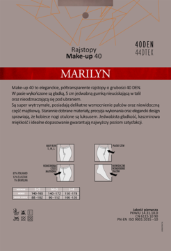 Front opakowania rajstop Marilyn Make-up 40 DEN. Szare tło z czerwonym paskiem i nazwą Marilyn.