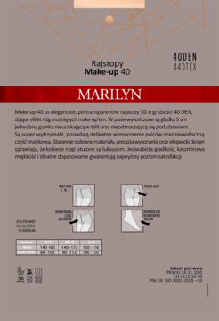 Opakowanie rajstop Marilyn Make-up 40 den, szare z brzoskwiniowym akcentem, opisem i grafikami cech.