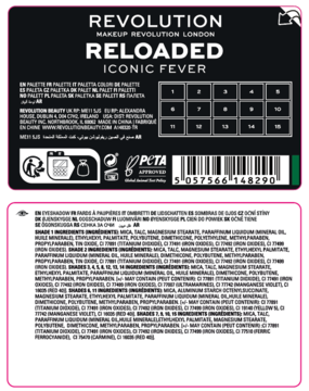 Tył czarnej palety Revolution Re-loaded Iconic Fever z 15 cieniami, numery, logo PETA i lista składników.