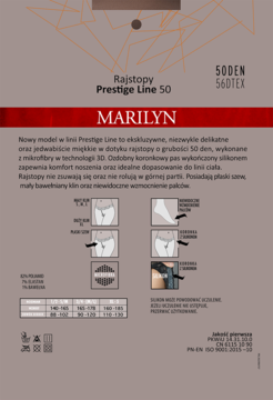 Tył opakowania czarnych rajstop Marilyn Prestige Line 50 DEN z opisem cech, tabelą rozmiarów i diagramami.