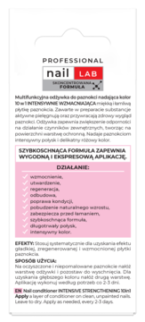 Tył opakowania wzmacniającej odżywki do paznokci Professional Nail Lab 10w1, białe z różową listą.
