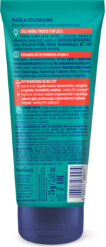 Tył tubki maski FARMONA Mocznikowa 50% do stóp 75g/2.65oz. Zielono-turkusowe opakowanie z fioletową zakrętką.